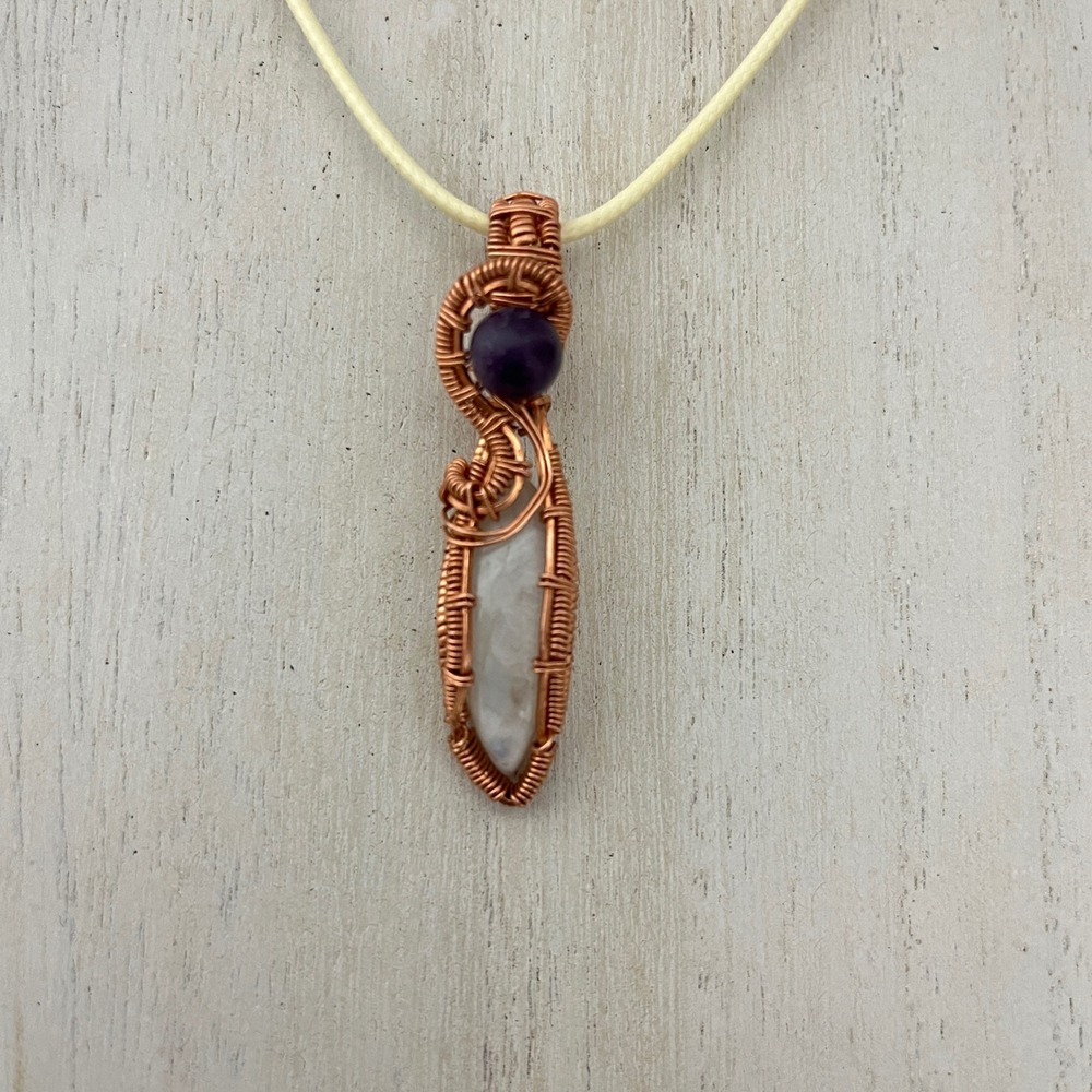 Handmade Wire Wrapped Pendant Women OS Purple White Charoite Moonstone Copper